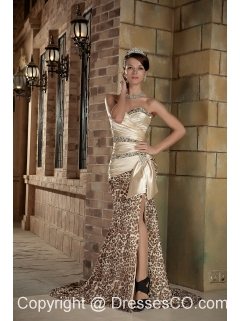 Champagne Column Brush Train Taffeta and Leopard Beading Prom Dress