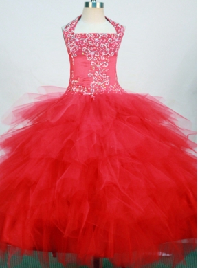 Red and Halter For Little Girl Pageant DressWith Ruffled Layers