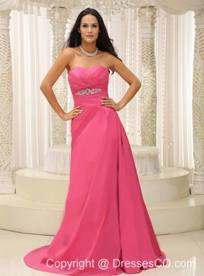 Rose Pink Ruched Bodice Satin Appliques For Bridesmaid Dress