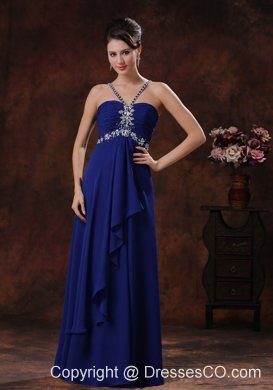 Beaded Decorate Royal Blue V-neck Prom Dress