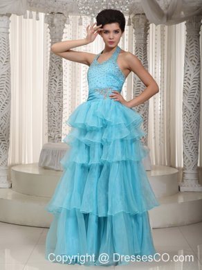 Aqua Blue Empire Halter Long Organza Beading Prom / Evening Dress