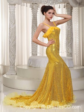 Yellow Mermaid Straps Brush Train Sequin Prom Dress