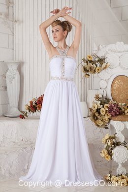 Unique White Halter Top Chiffon Prom Dress with Beading