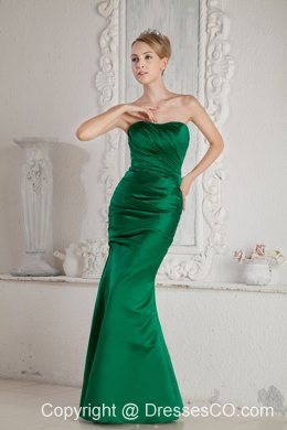 Green Mermaid Strapless Ruching Prom Dress Long Satin