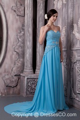 Aqua Blue Prom Dress Empire Chiffon Beading Court Train