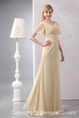 Light Yellow Empire V-neck Long Chiffon Beading Prom Dress