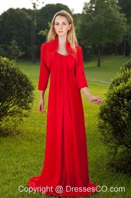 Red Empire Straps Long Chiffon Ruched Mother Of The Bride Dress