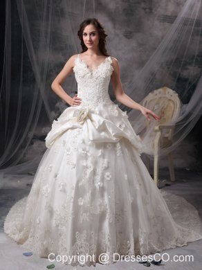 Ivory Princess V-neck Long Taffeta Lace And Hand Made Flowers Wedding Dress