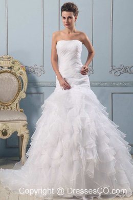 A-line Strapless Pretty Wedding Gowns Ruffled Layered With Ruched Bodice In 2013