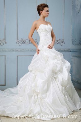 New Arrival Wedding Dress With Pick-ups Ball Gown Appliques and Hand Made Flower Court Train