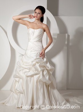 New A-line Strapless Court Train Satin Beading and Ruched Wedding Dress