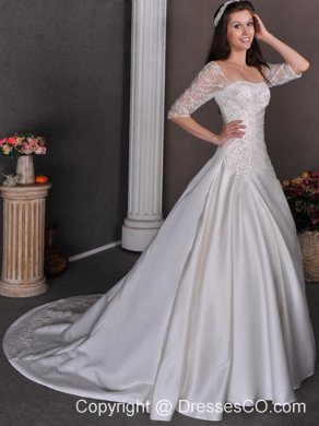 Gorgeous A-line Square Chapel Train Satin Appliques and Beading Wedding Dress