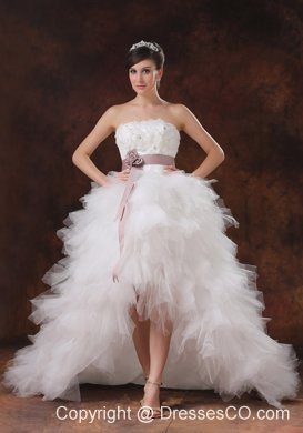 Flowers Decorate High-low Wedding Dress With Brush Train Belt
