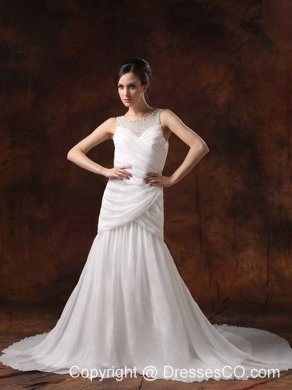 Beaded Decorate Scoop Neckline A-line Chiffon Ruching Court Train Wedding Dress