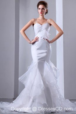 Fashionable Mermaid Spaghetti Straps Brush Train Satin and Organza Ruffles Wedding Dress