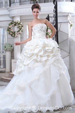 Pretty A-line Strapless Chapel Train Organza Beading and Appliques Wedding Dress