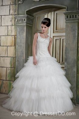 Modest Ball Gown Scoop Brush Train Tulle Beading Wedding Dress