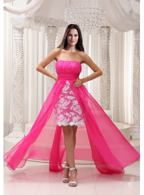 Pleating High Low Hot Pink Sashed Strapless Prom Dress with Lace