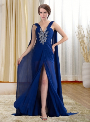 Chiffon Royal Blue Beaded and Ruched Prom Formal Dress with Watteau Train