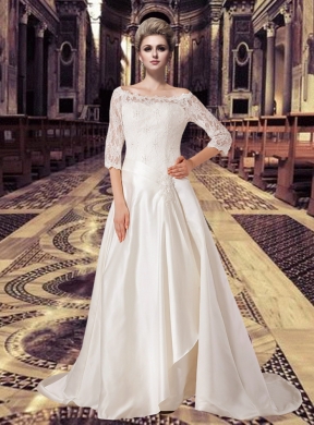 Off Shoulder 3/4 Length Sleeves Lace Wedding Dress