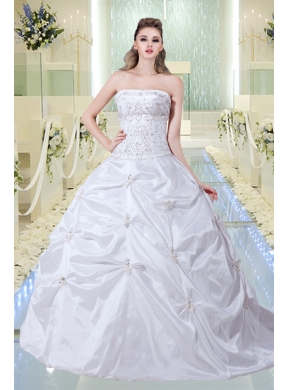 Modest A Line Strapless Court Train Wedding Dress with Embroidery