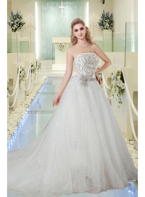 Discount Strapless Beading Wedding Dress with Chapel Train for