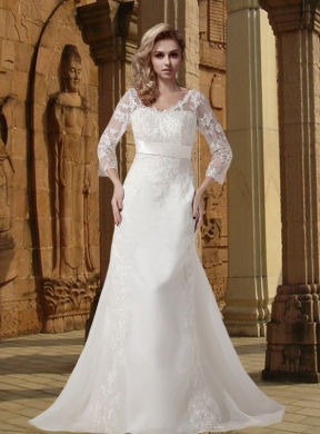White A Line V Neck Court Train Wedding Dress with 3/4 Sleeves