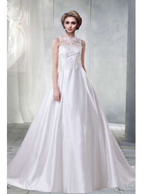 New Princess Bateau Lace Wedding Dress with Brush Train