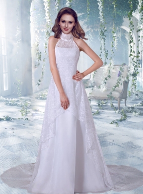 Beautiful A Line Lace and Bowknot Wedding Dress with High Neck