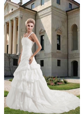 Beautiful Straps Court Train Appliques Wedding Dress with Criss Cross