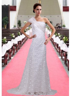 Cheap One Shoulder Column Paillette Wedding Dress with Side Zipper