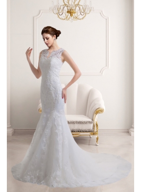 Elegant Mermaid V Neck Zipper Up Lace Wedding Dress with Court Train