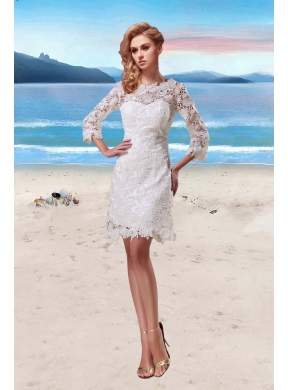 Lace Scoop Short Beach Wedding Dress in White with 3/4 Sleeves