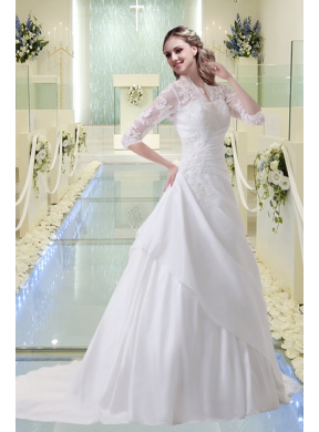 Princess Appliques V Neck Court Train Wedding Dress with Long Sleeves