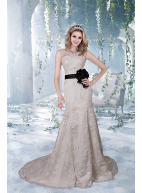Beautiful Column Court Train Lace Wedding Dress with V Neck