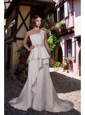 Inexpensive One Shoulder Beading Wedding Dress with Court Train