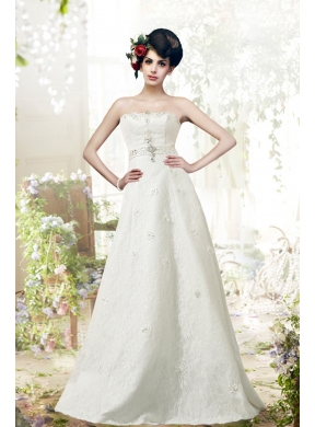 Lace A Line Strapless Floor Length Wedding Dress in White