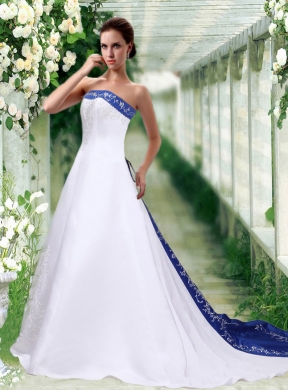 Sophisticated Strapless A Line Court Train Wedding Dress with Embroidery