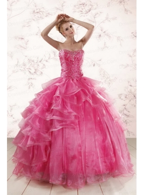 Hot Pink Beading Quinceanera Dress with Brush Train for