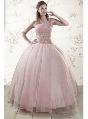 One Shoulder Beading Light Pink Cheap Quinceanera Dress
