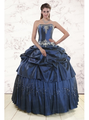 Embroidery and Pick Ups Classic Quinceanera Dress in Navy Blue