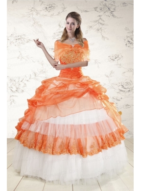 Unique Strapless Orange Quinceanera Dress with Beading and Appliques