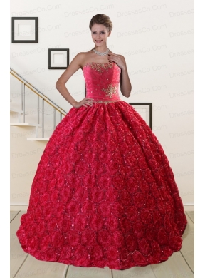 Unique Rolling Flower Beading Quinceanera Dress in Coral Red