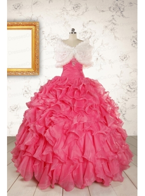 Pretty Beading and Ruffles Hot Pink Quinceanera Dress with Strapless