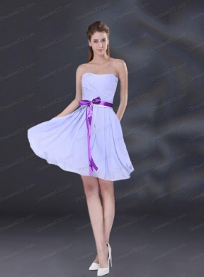 Ruching and Belt Chiffon Bridesmaid Dress in Lavender