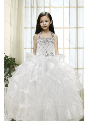 White Ball Gown Halter Little Girl Pageant Dress with Beading and Ruffles