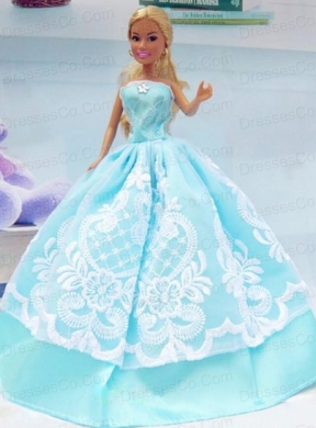 Embroidery Baby Blue For Princess Quinceanera Doll Dress