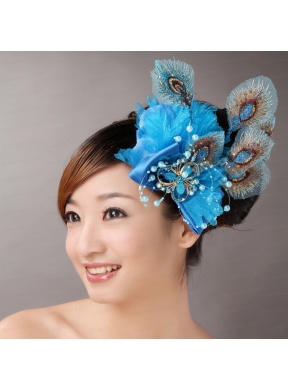 Peacock Blue Feathers Headpieces Beading For Party