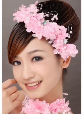 Beautiful Pink Taffeta Beading Hand Made Flowers Hair Combs