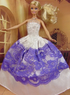 New Fashion Ball Gown White And Purple Dress Gown For Quinceanera Doll